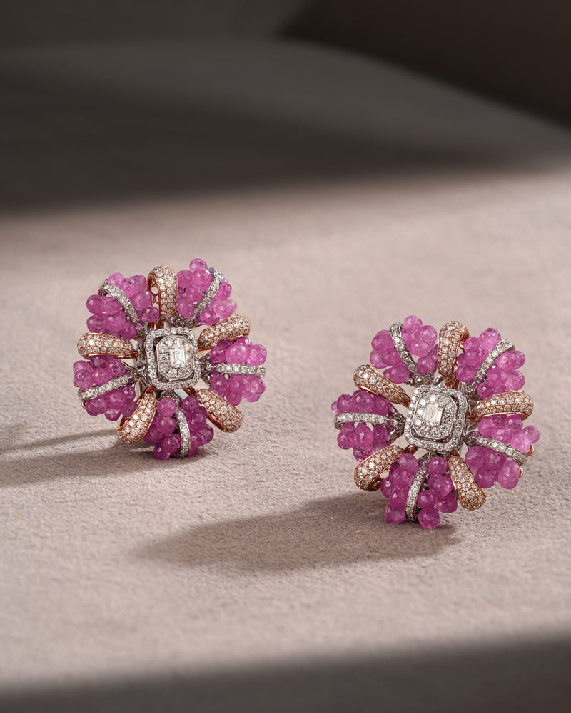 Rosy Petals Pink Sapphire Diamond Earrings