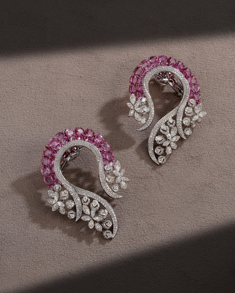 Rosette Bloom Pink Sapphire Diamond Earrings