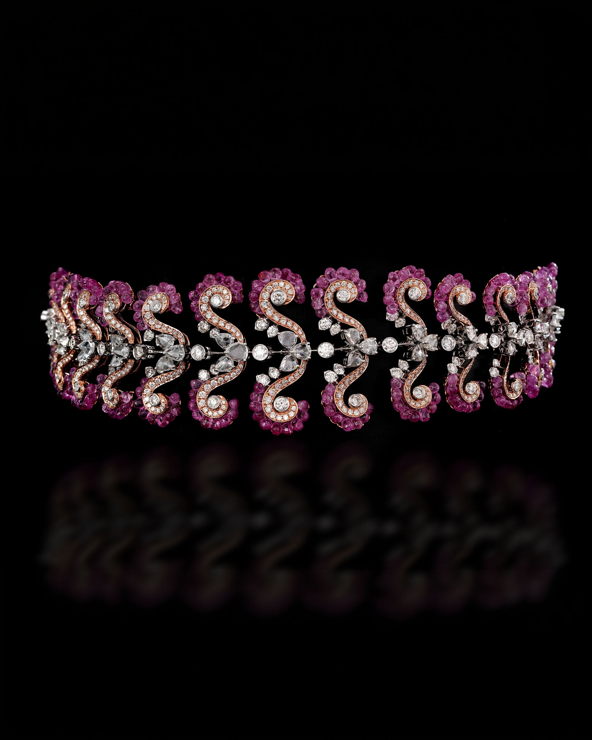 Ruby-Stripes Pink Sapphire Diamond Necklace & Pink Halo Radiance Diamond Earrings