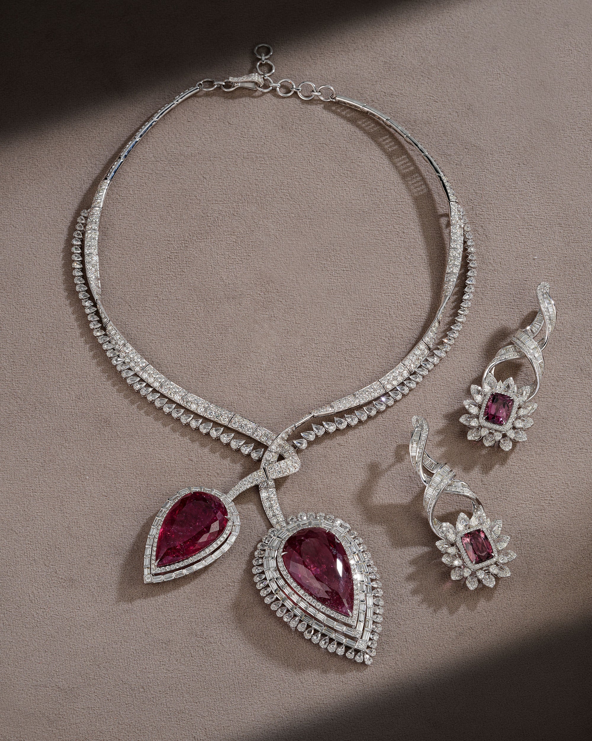 The Ruby Reverie Diamond Necklace & Rosetta Rubellite Dual-Halo Earrings