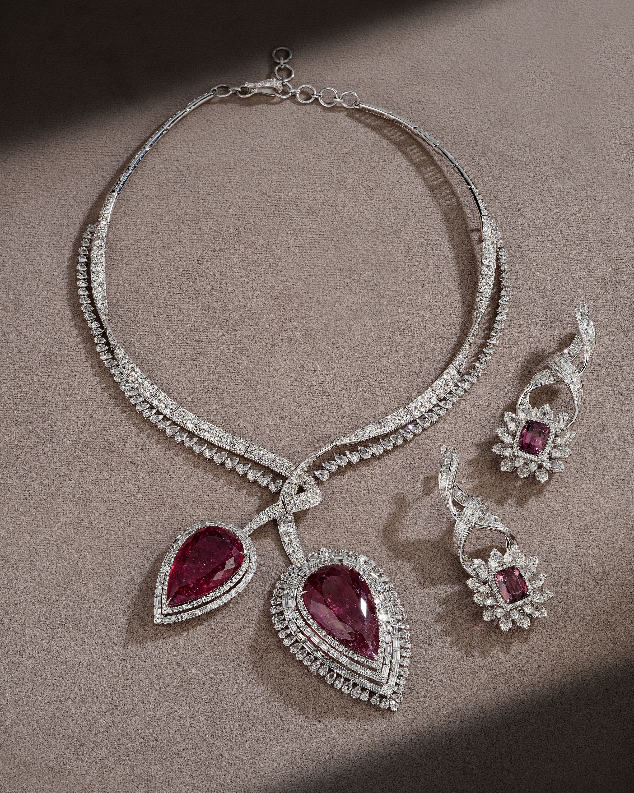 The Ruby Reverie Diamond Necklace & Rosetta Rubellite Dual-Halo Earrings