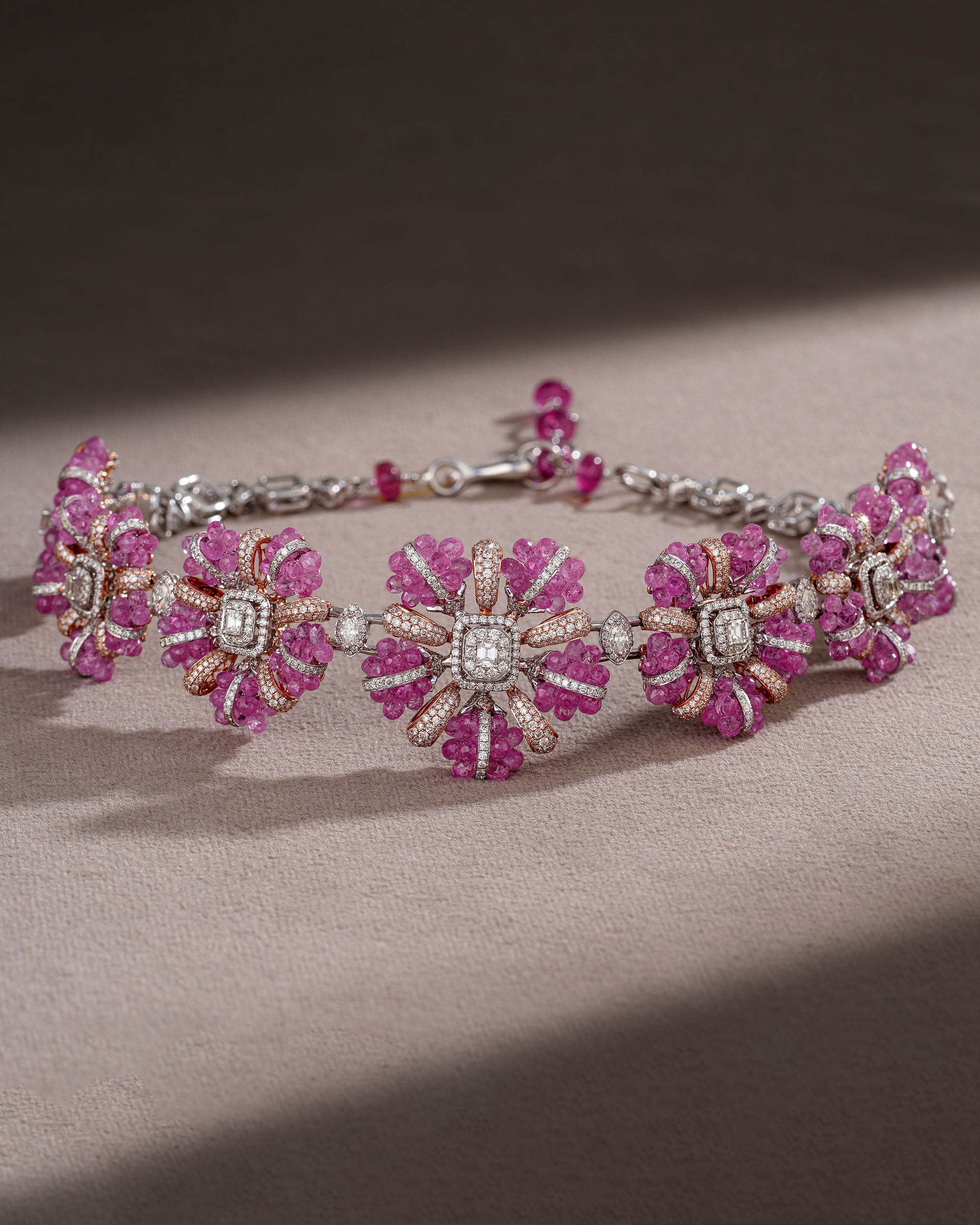 Pink Sapphire Luxe Diamond Necklace & Rosy Petals Pink Sapphire Diamond Earrings