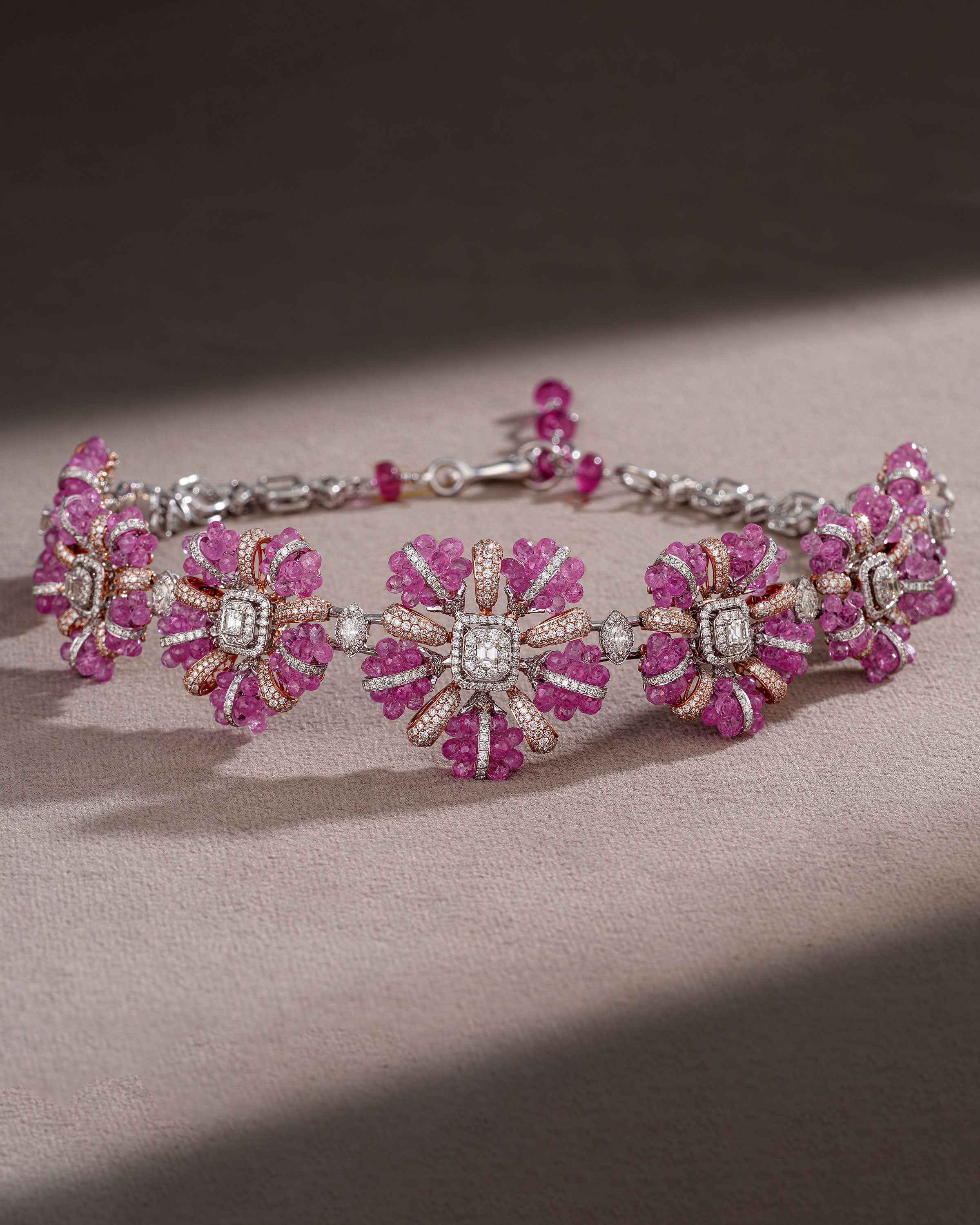 Pink Sapphire Luxe Diamond Necklace & Rosy Petals Pink Sapphire Diamond Earrings