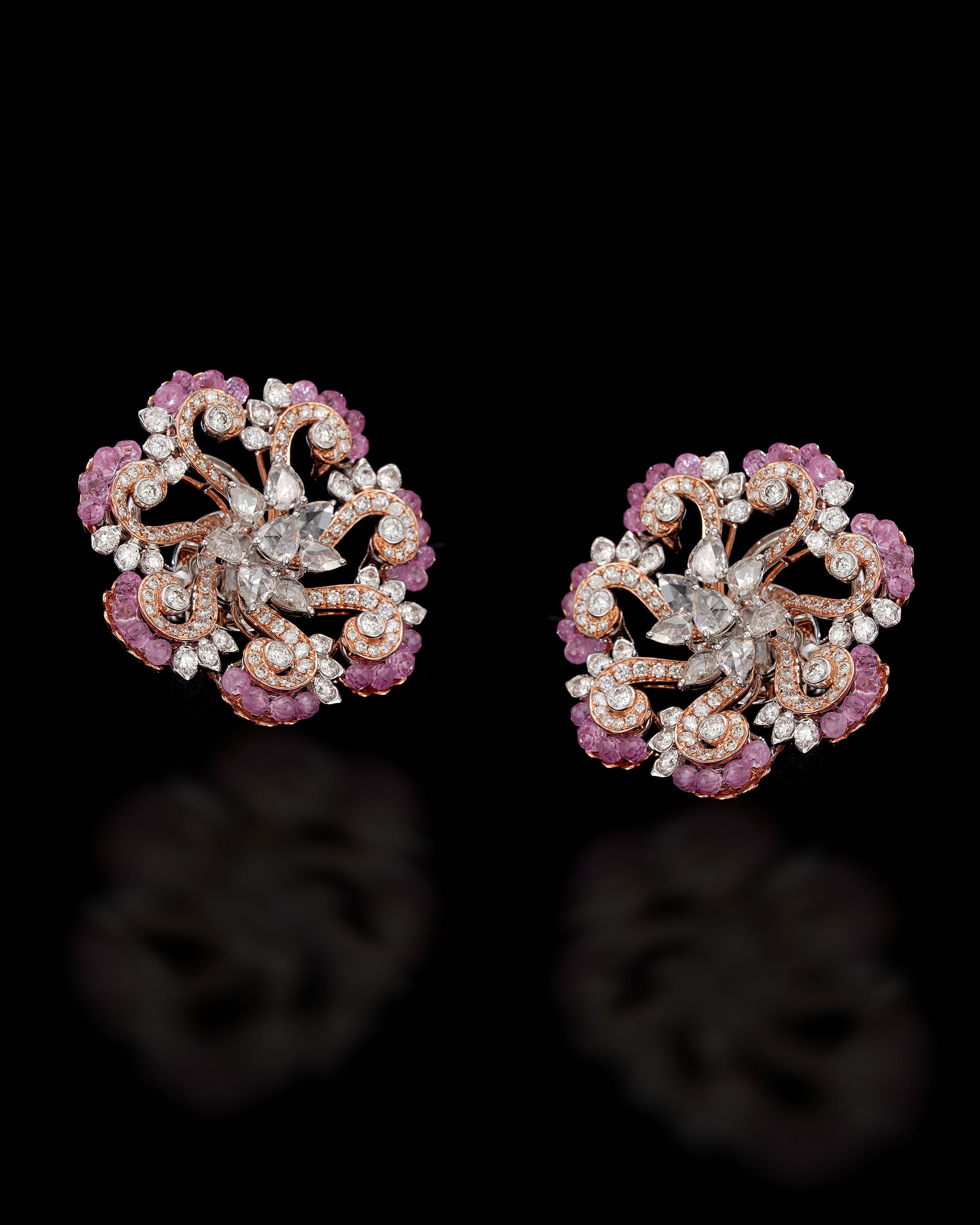 Ruby-Stripes Pink Sapphire Diamond Necklace & Pink Halo Radiance Diamond Earrings