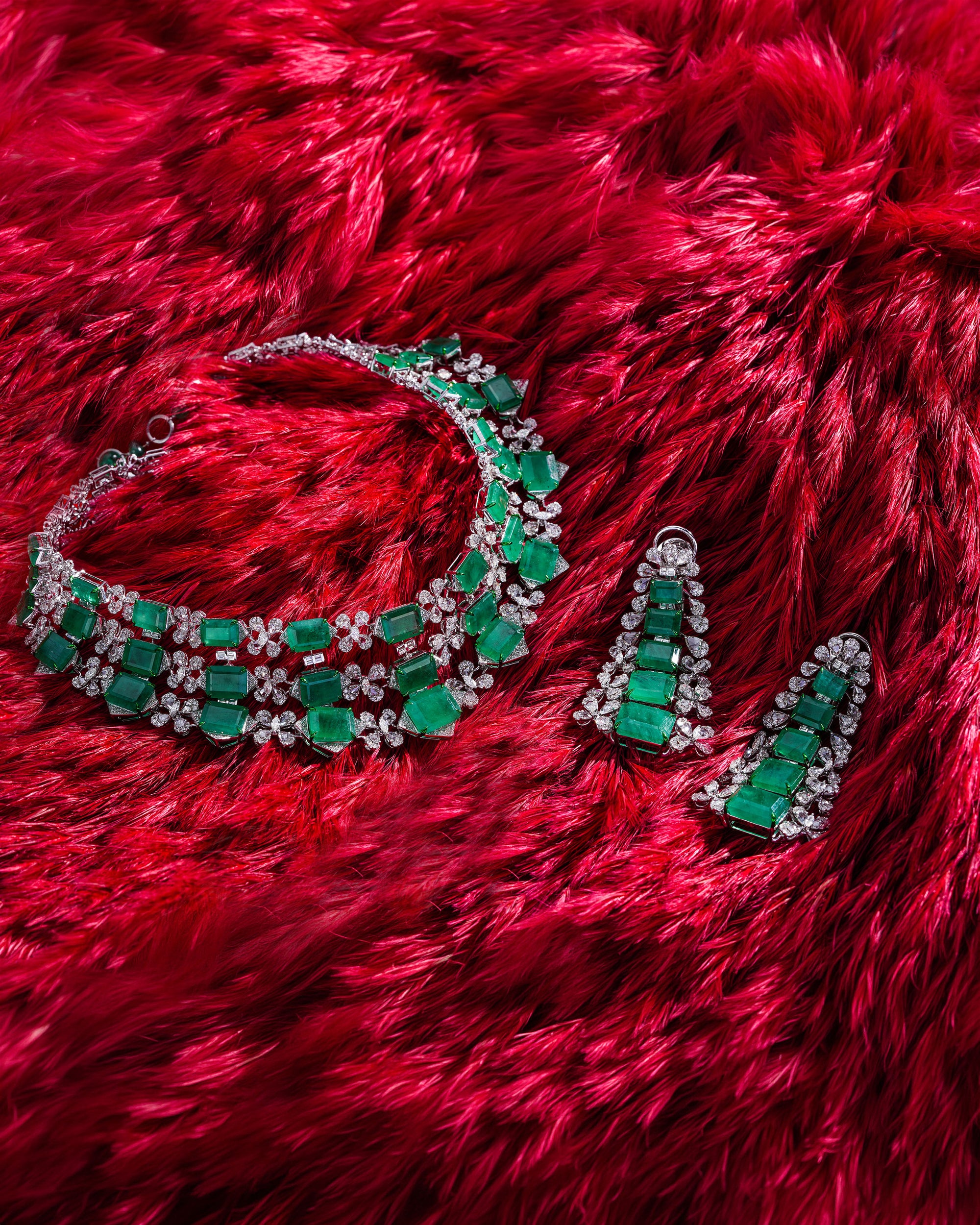 Royal Heritage Multi-Layer Zambian Emerald Necklace & Majestic Green Zambian Emerald Ear Drops