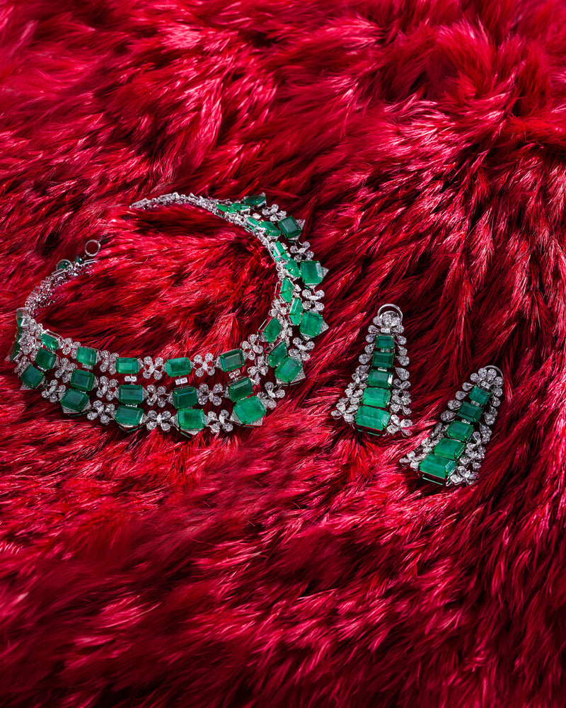 Royal Heritage Multi-Layer Zambian Emerald Necklace & Majestic Green Zambian Emerald Ear Drops