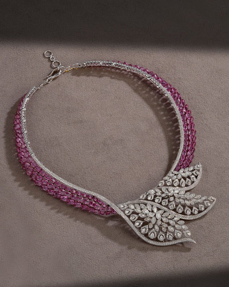 Blush Radiance Pink Sapphire Diamond Necklace & Rosette Bloom Pink Sapphire Diamond Earrings