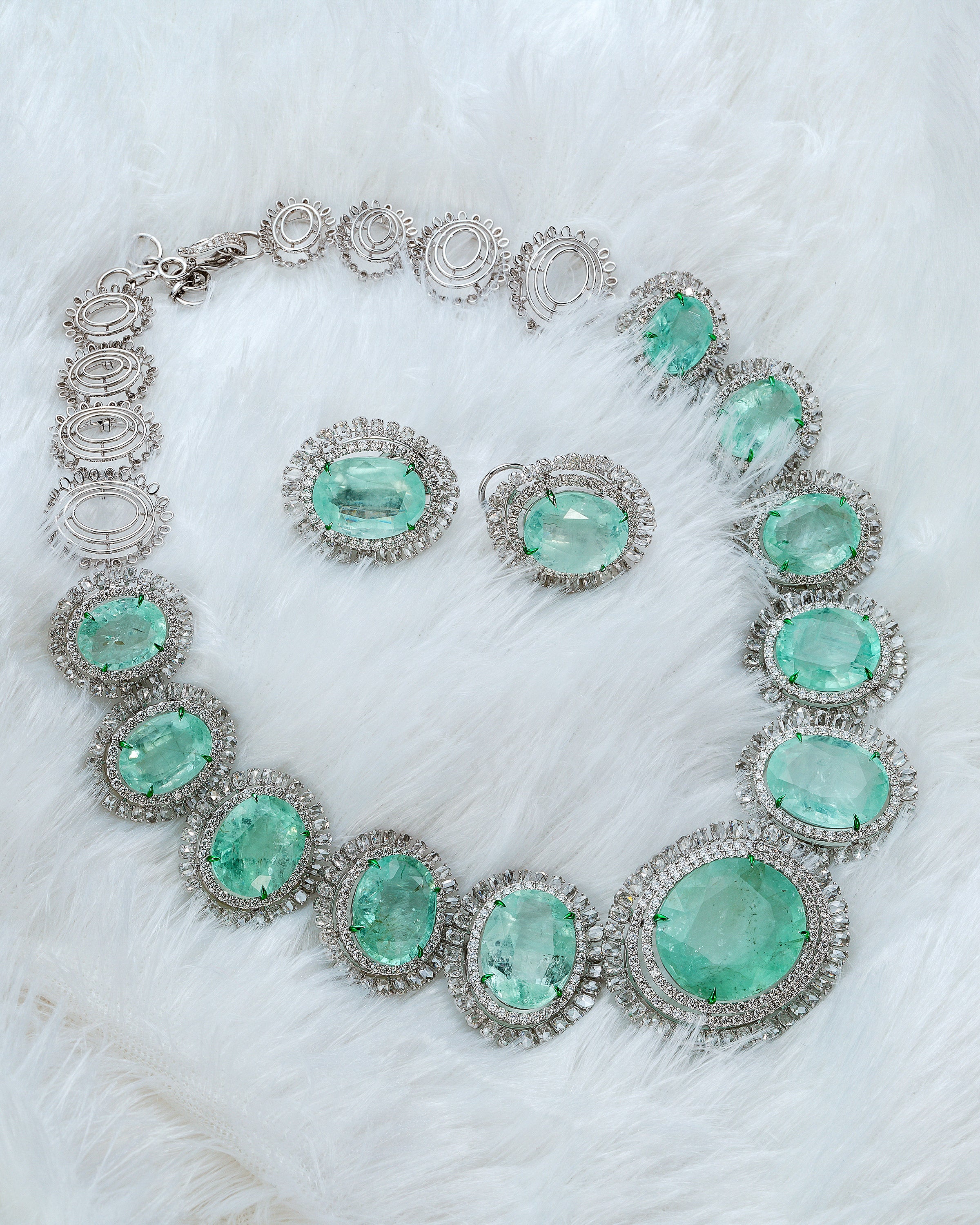Imperial Frost Russian Emerald Diamond Necklace & Verdant Dew Russian Emerald Diamond Drops