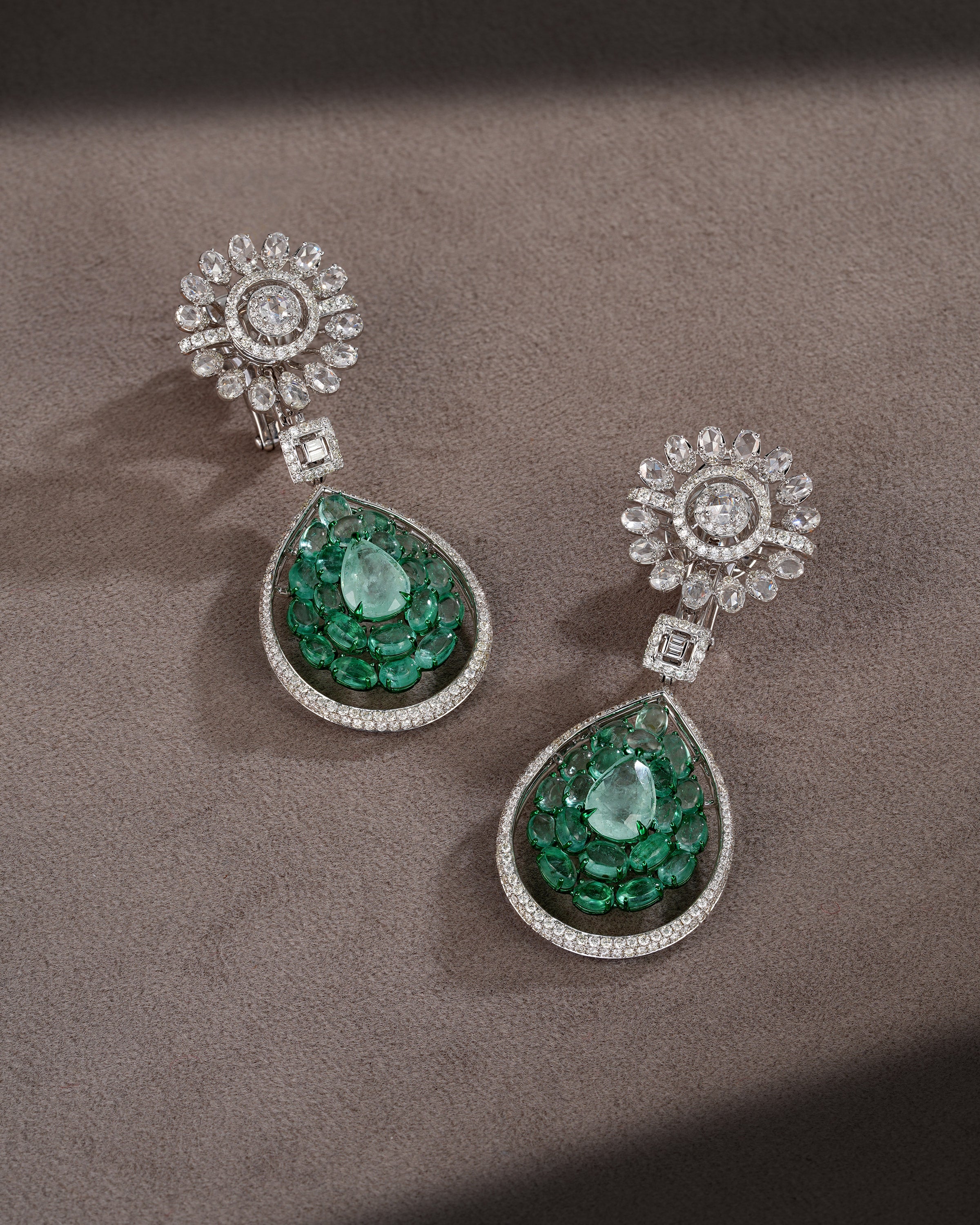 Imperial Verdure Russian Emerald Diamond Necklace & Royal Moss Emerald Diamond Stud Drops