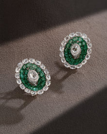 Royal Crest Pearl & Emerald Diamond Necklace & Emerald Halo Diamond Stud Earrings