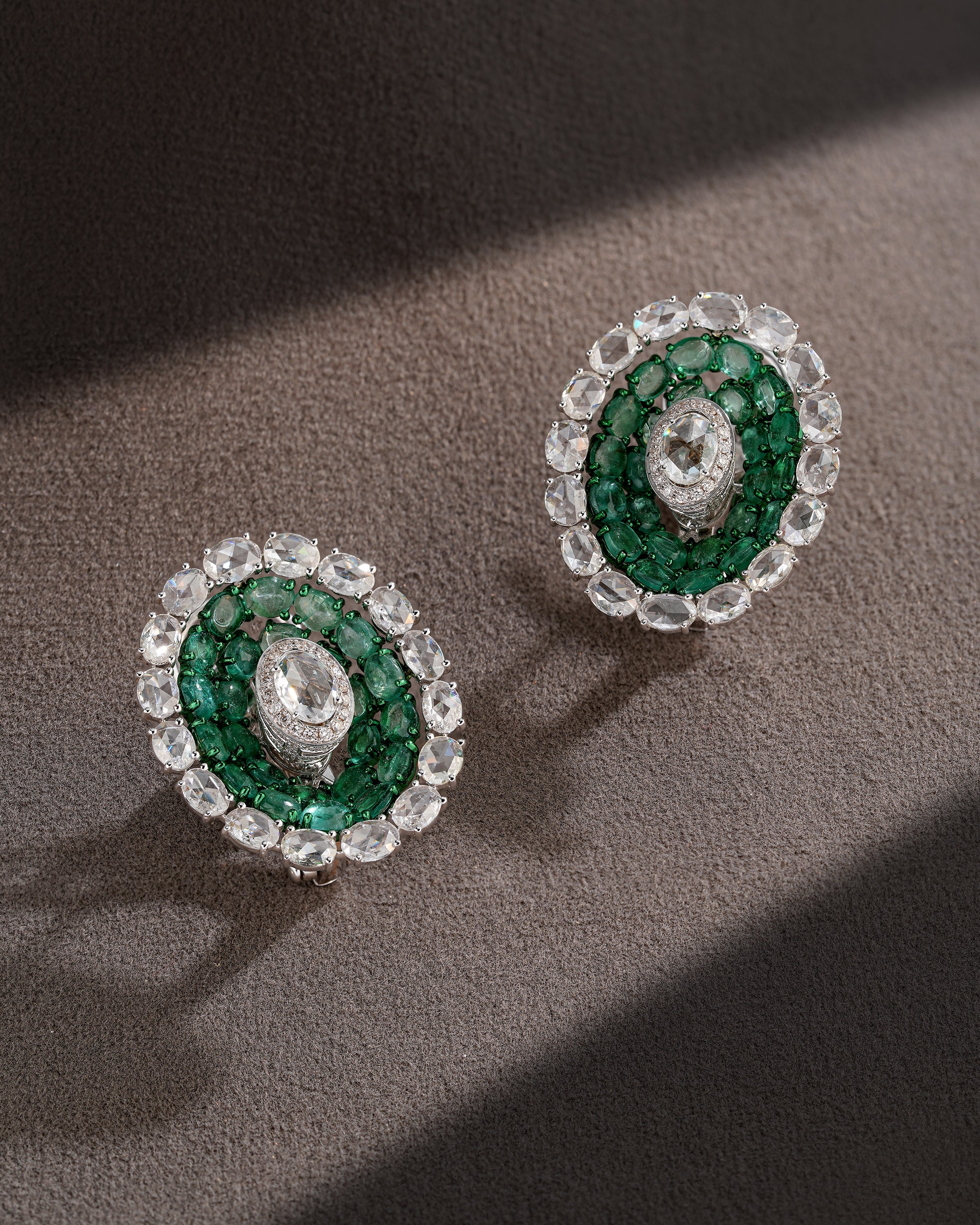 Royal Crest Pearl & Emerald Diamond Necklace & Emerald Halo Diamond Stud Earrings
