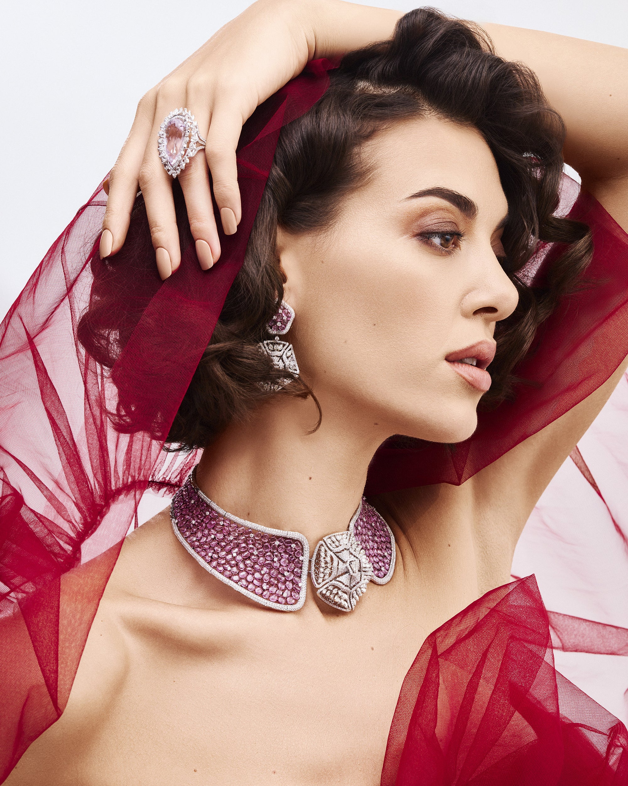 Blush Majesty Pink Sapphire Diamond Choker & Rosy Halo Pink Sapphire Diamond Studs