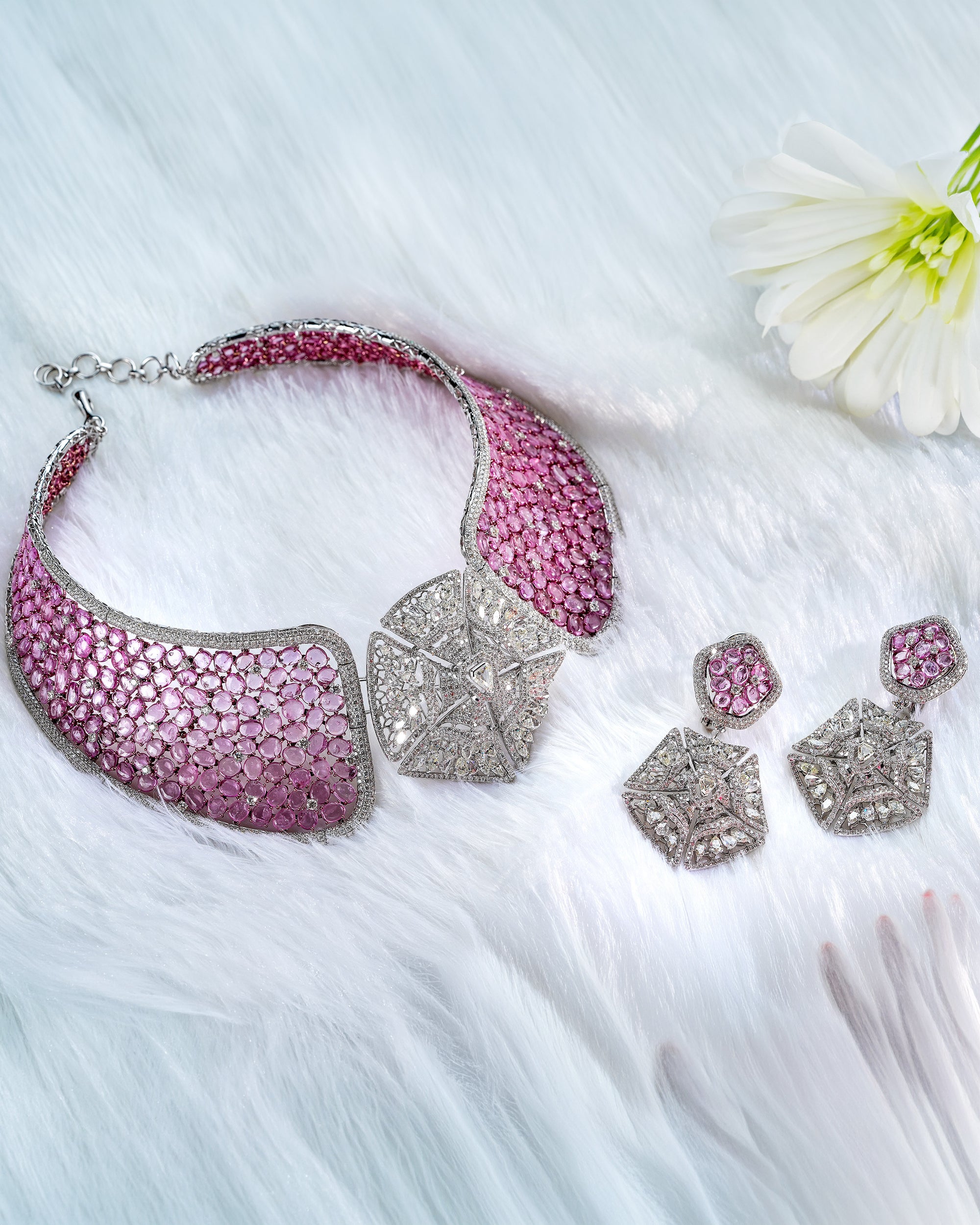 Blush Majesty Pink Sapphire Diamond Choker & Rosy Halo Pink Sapphire Diamond Studs