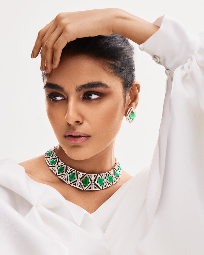Imperial Cascade Zambian Emerald Diamond Necklace & Emerald Dewdrop Petite Diamond Earrings