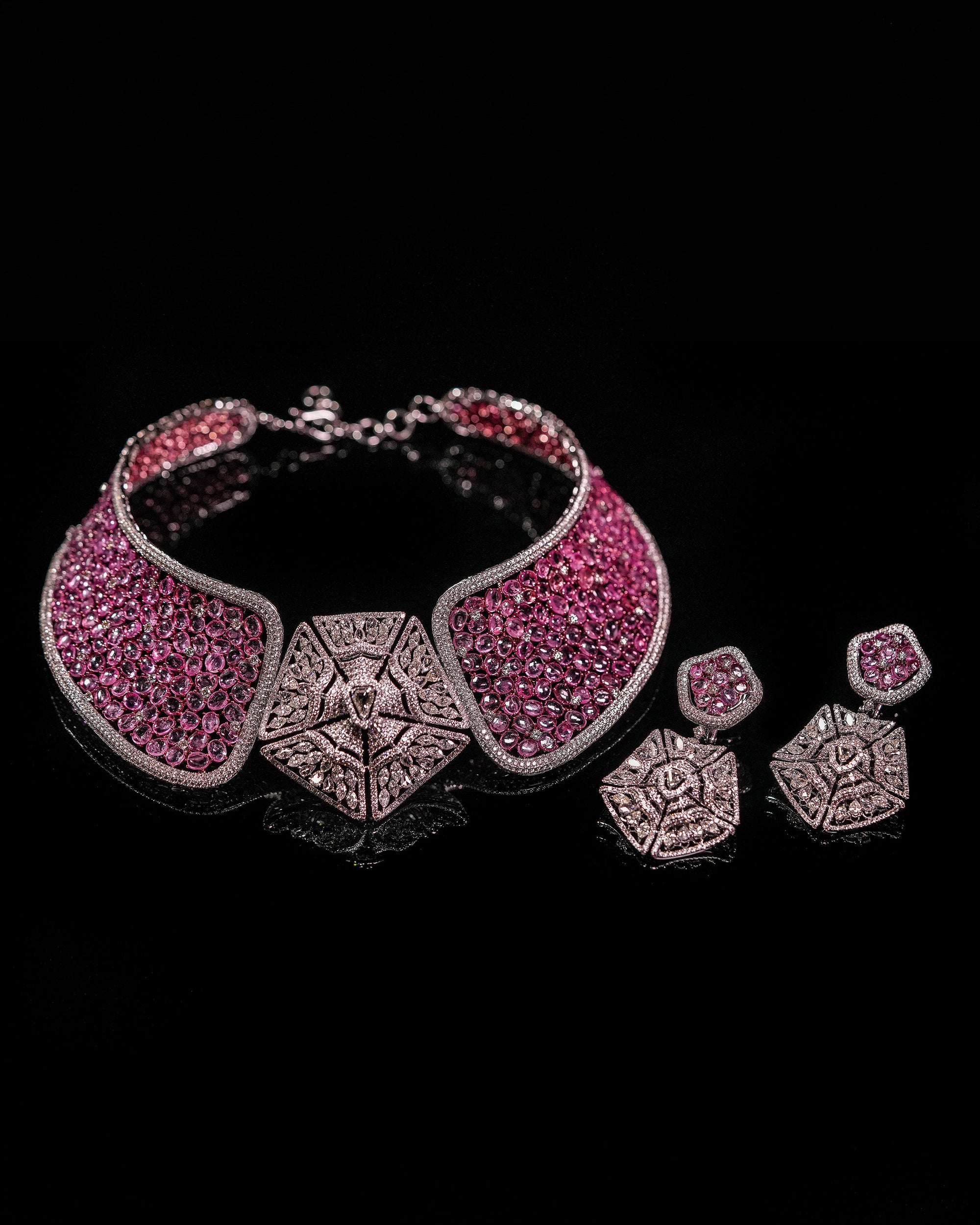 Blush Majesty Pink Sapphire Diamond Choker & Rosy Halo Pink Sapphire Diamond Studs