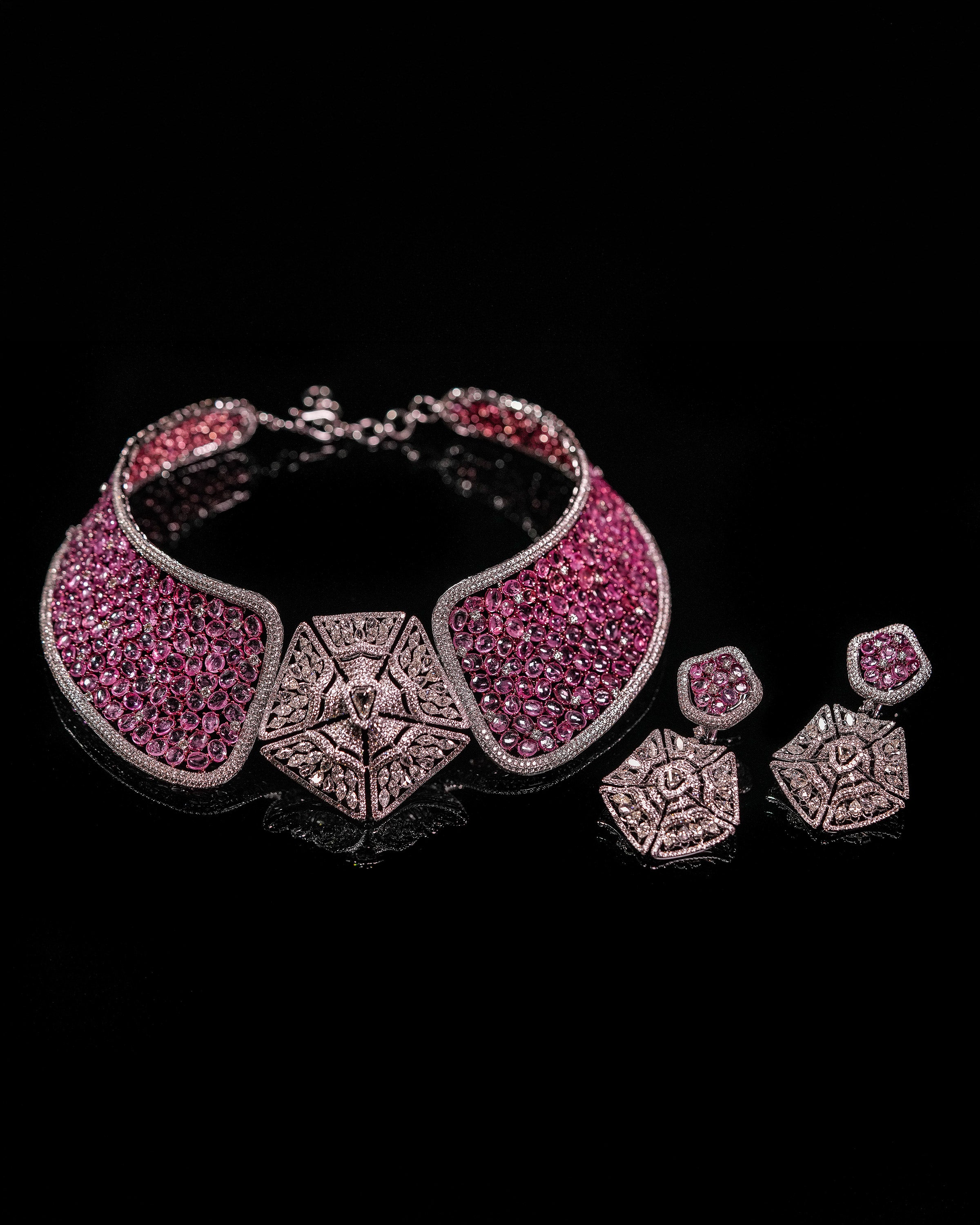 Blush Majesty Pink Sapphire Diamond Choker & Rosy Halo Pink Sapphire Diamond Studs