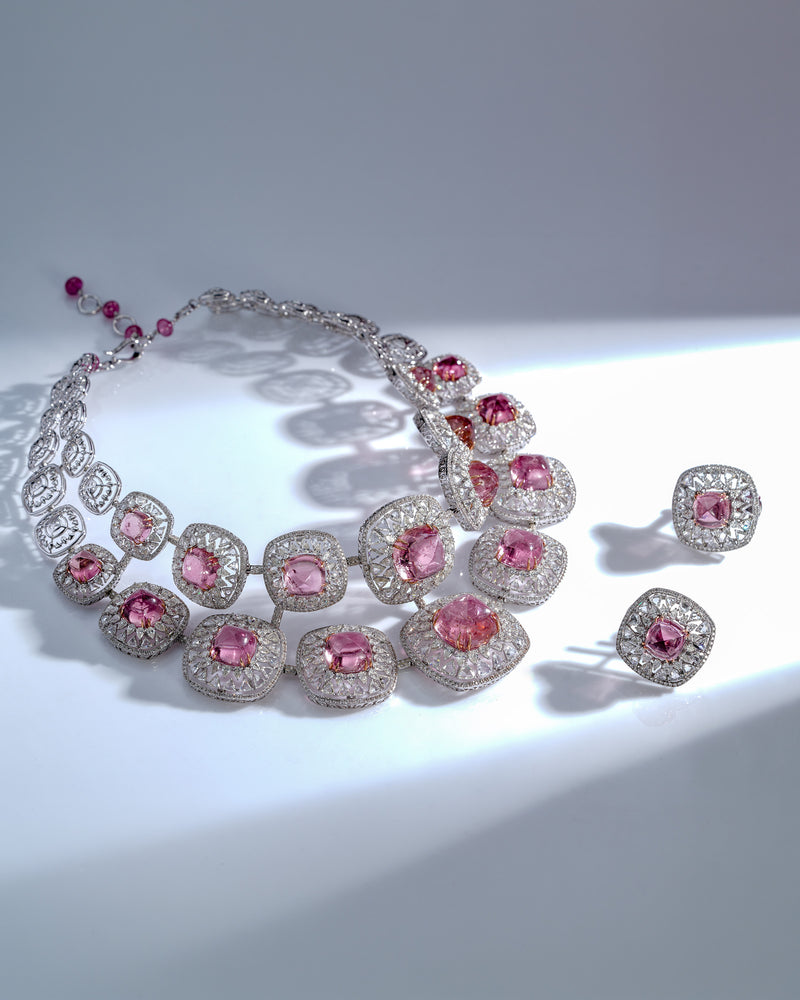 Celestial Arc Tourmaline Diamond Necklace & Tourmaline Whisper Diamond Earrings