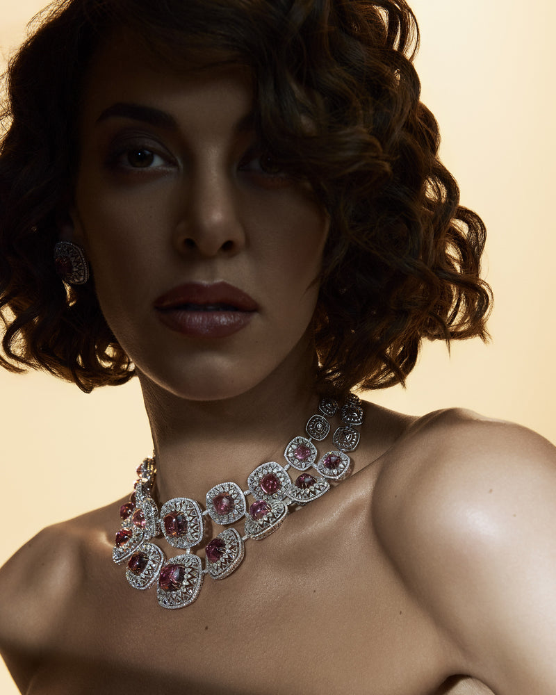 Celestial Arc Tourmaline Diamond Necklace & Tourmaline Whisper Diamond Earrings