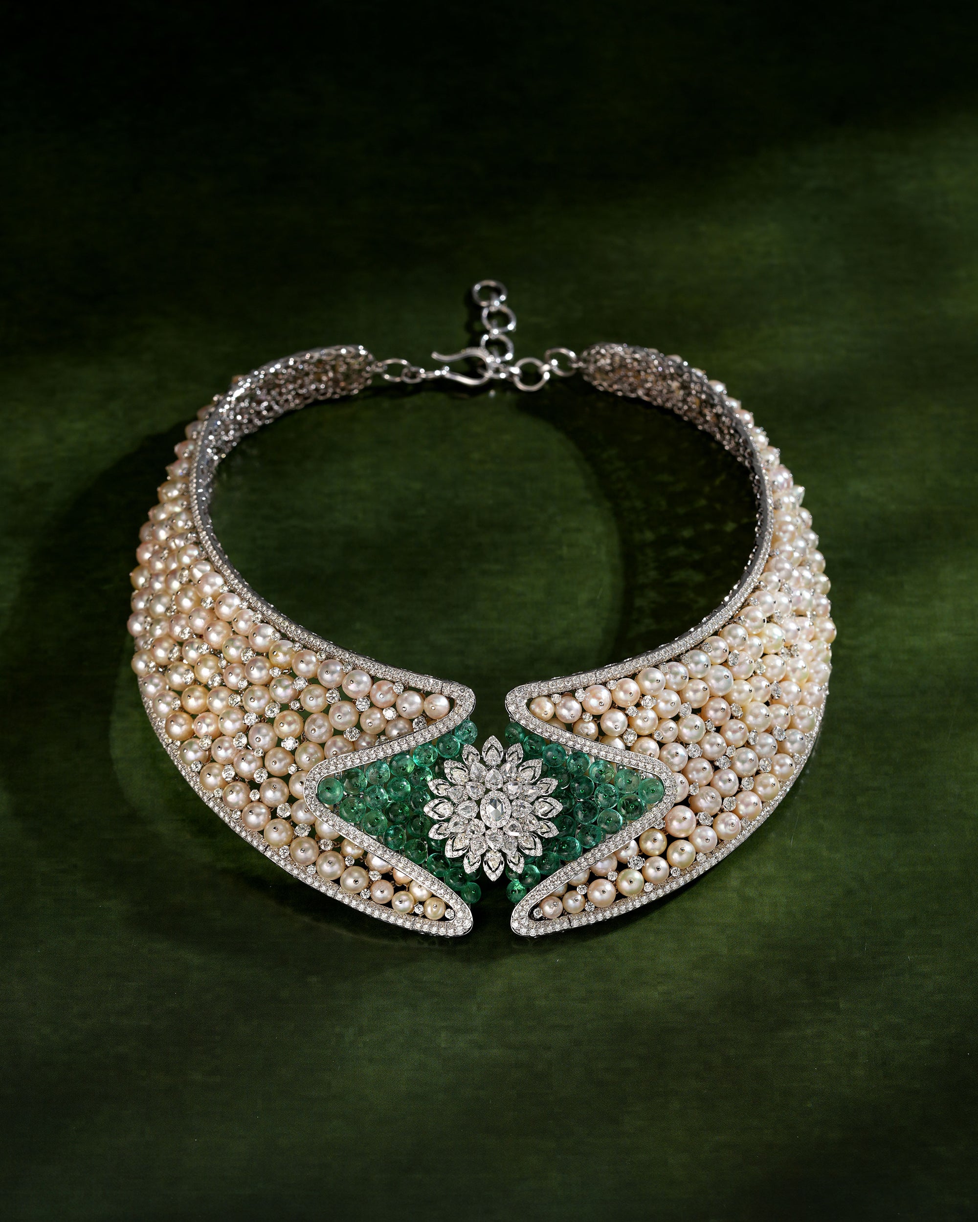 Pearl-Embrace Emerald Diamond Necklace