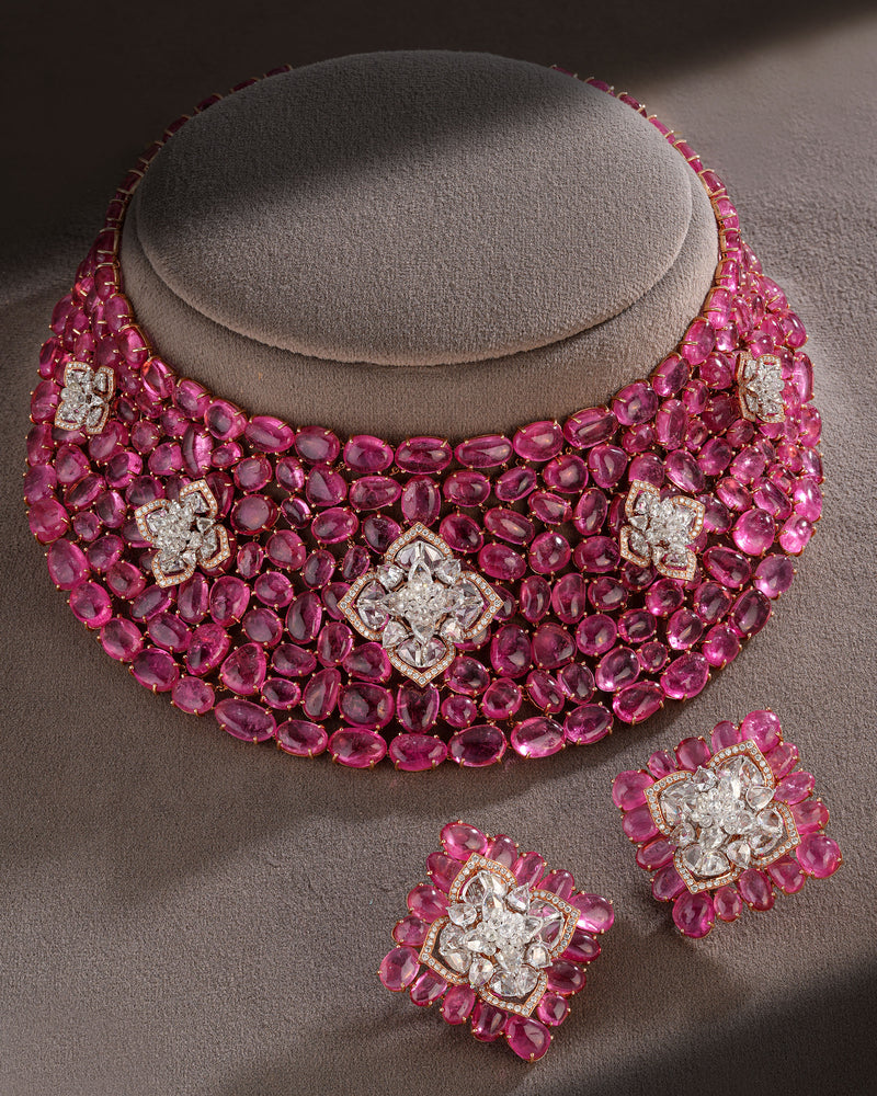 Pink Tourmaline Grandeur Statement Necklace & Blush Spark Pink Tourmaline Diamond Earrings