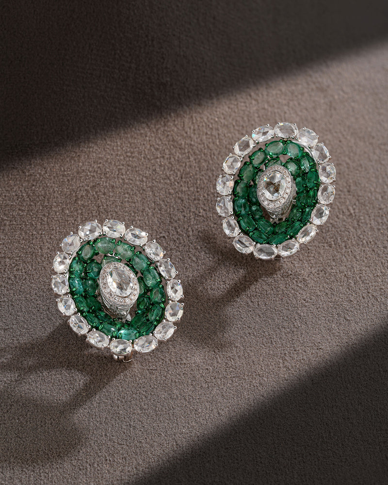 Emerald Halo Diamond Stud Earrings
